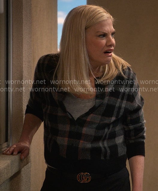 Carol's grey plaid cardigan on Leanne