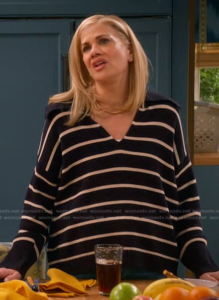 Carol's navy stripe collared sweater on Leanne