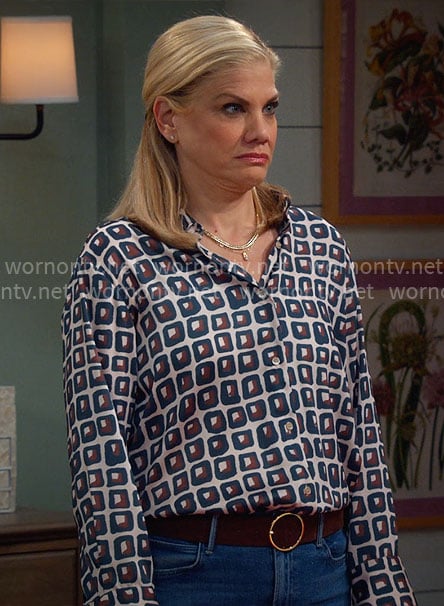 Carol’s printed button down blouse on Leanne