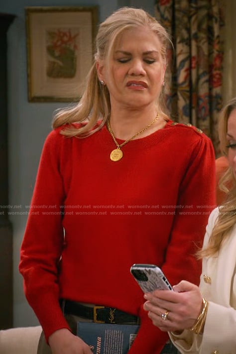 Carol's red button shoulder sweater on Leanne