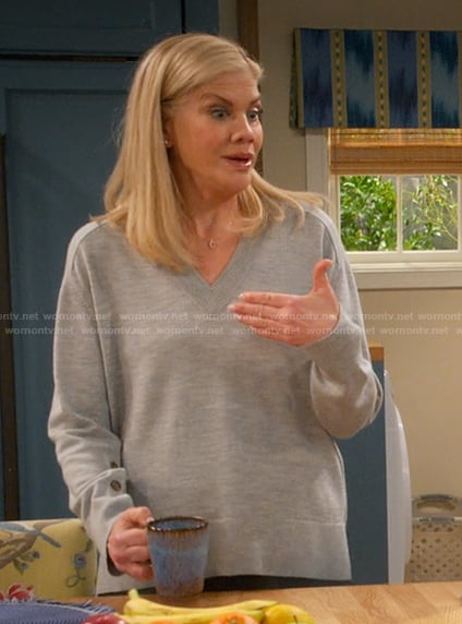 Carol’s v-neck button cuff sweater on Leanne