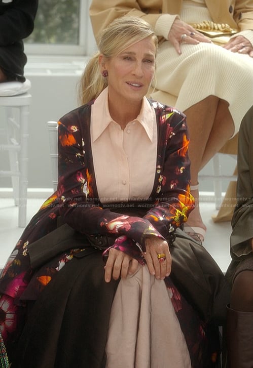 Carrie’s floral print shirt and skirt on And Just Like That