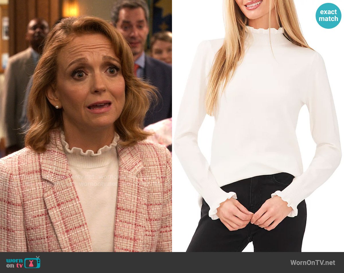 CeCe Ruffle Trim Mock Neck Sweater worn by Mary (Jayma Mays) on Leanne