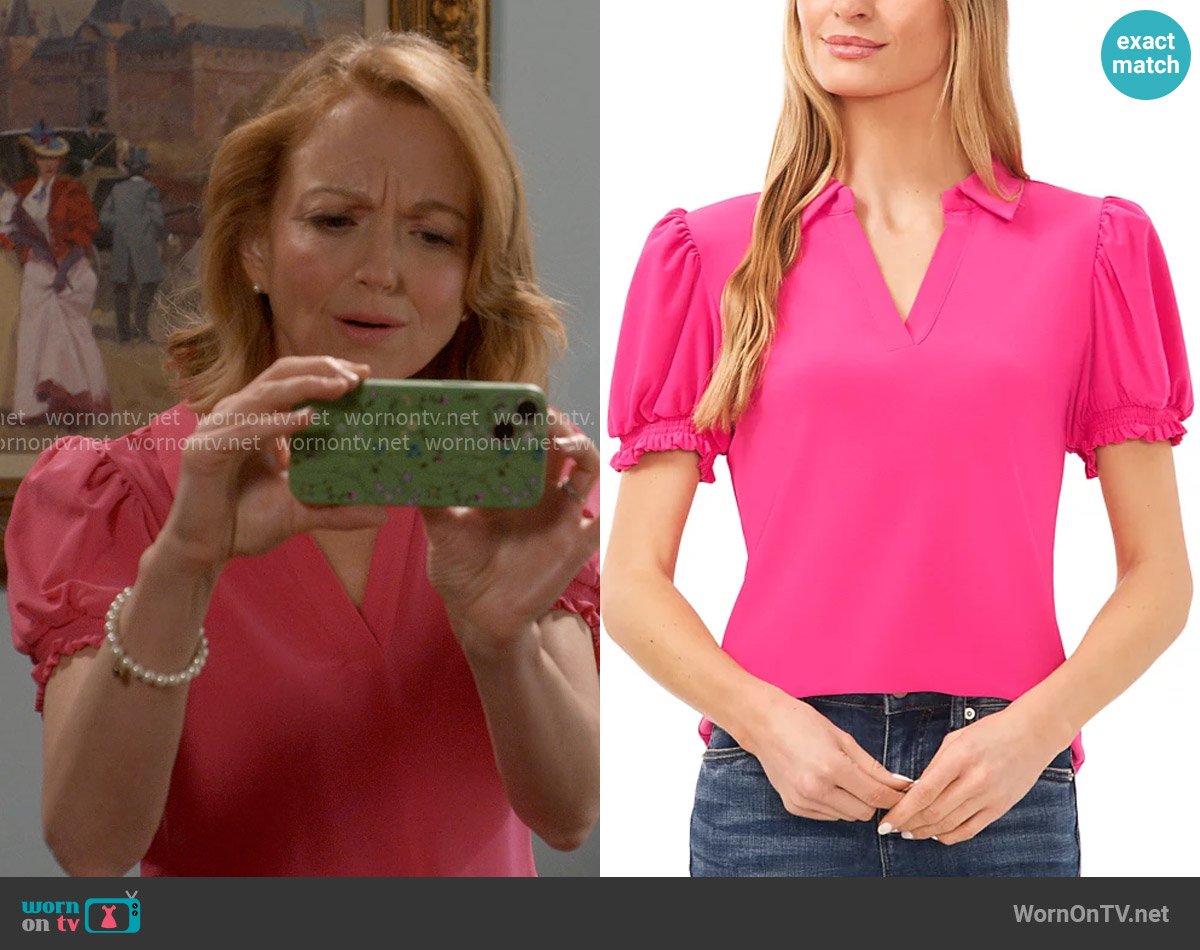 CeCe Short Puff Sleeve Knit Polo in Bright Rose Pink worn by Mary (Jayma Mays) on Leanne