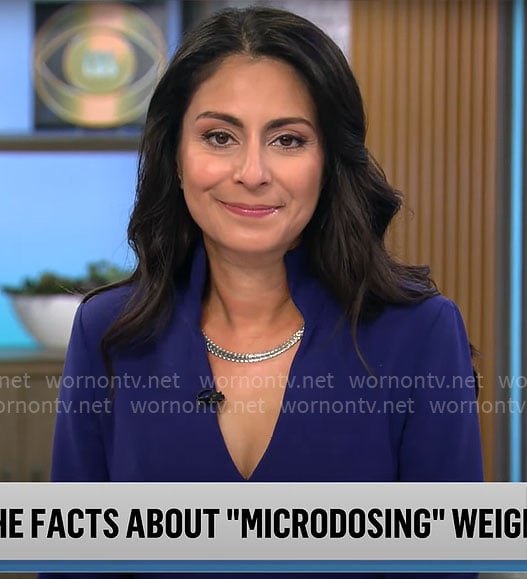 Celine Gounder’s blue split-neck dress on CBS Mornings