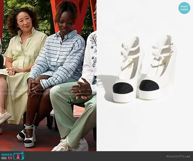 Chanel Mary Jane Lambskin & Grosgrain Pumps in White & Black worn by Lupita Nyong'o on Today