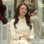 Charlotte’s white textured coat and floral tweed skirt on And Just Like That