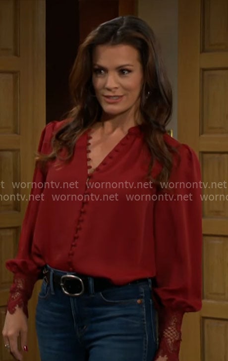 Chelsea’s red crochet-cuff blouse on The Young and the Restless