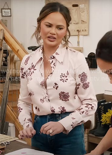 Chrissy Teigen's floral button down shirt on With Love Meghan
