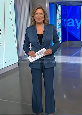 Christine Romans’ blue satin blazer and pant set on NBC News Daily