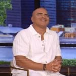 Christopher Jackson’s white cable knit shirt on Live with Kelly and Mark