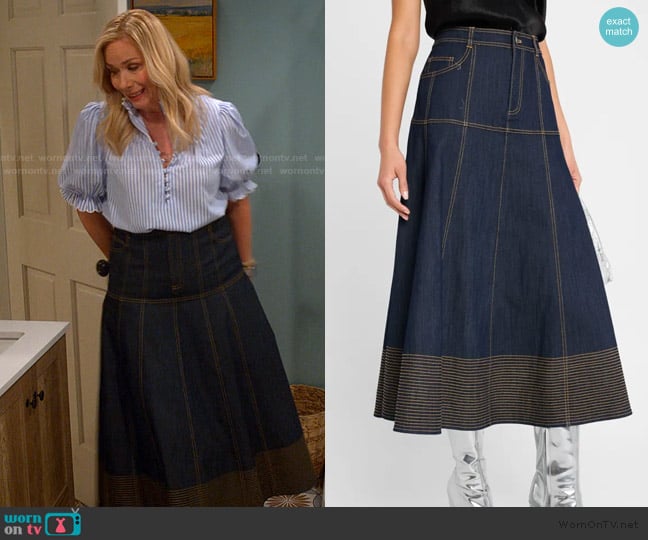 Cinq a Sept Hester A-Line Denim Skirt with Topstitching worn by Leanne Murphy (Leanne Morgan) on Leanne