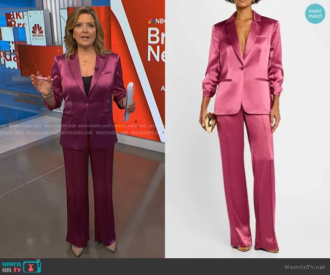 Cinq a Sept Khloe Smooth Satin Blazer and Rainer Satin Pants worn by Christine Romans on NBC News Daily