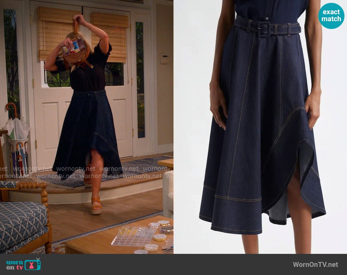 Cinq a Sept Zelda Denim Asymmetric Midi Skirt worn by Leanne Murphy (Leanne Morgan) on Leanne