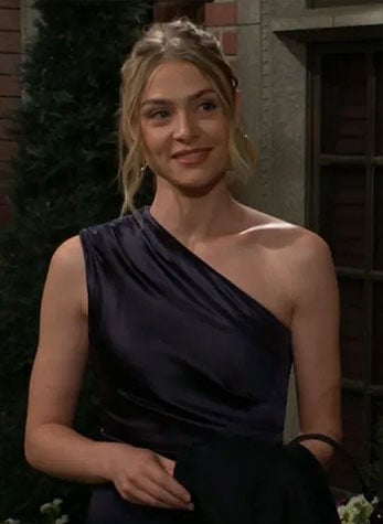 Claire's navy one-shoulder dress on The Young and the Restless