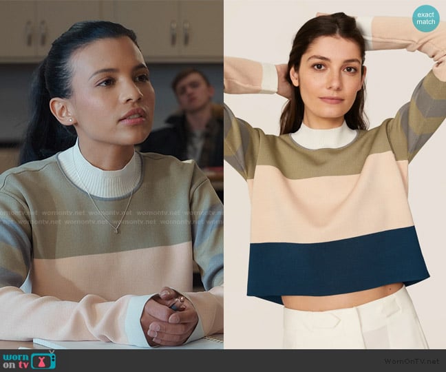  Colorblock Mock Neck Sweater Club Monaco worn by Jackie Howard (Nikki Rodriguez) on My Life with the Walter Boys