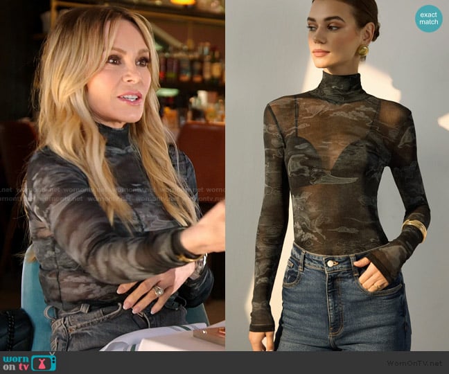 Commense Mock Neck Printed Semi-Sheer T-Shirt worn by Tamra Judge on The Real Housewives of Orange County