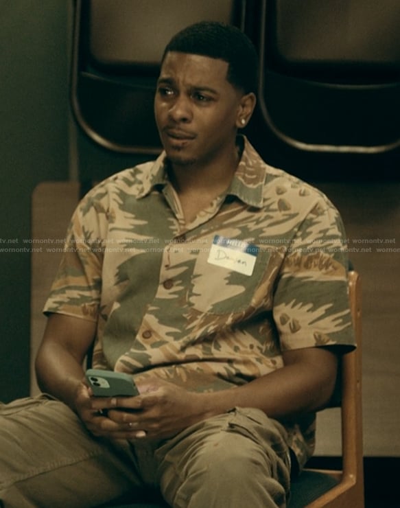 Damien's camo print shirt on The Chi