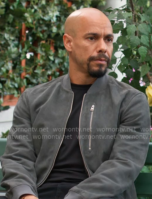 Devon’s grey suede bomber jacket on The Young and the Restless