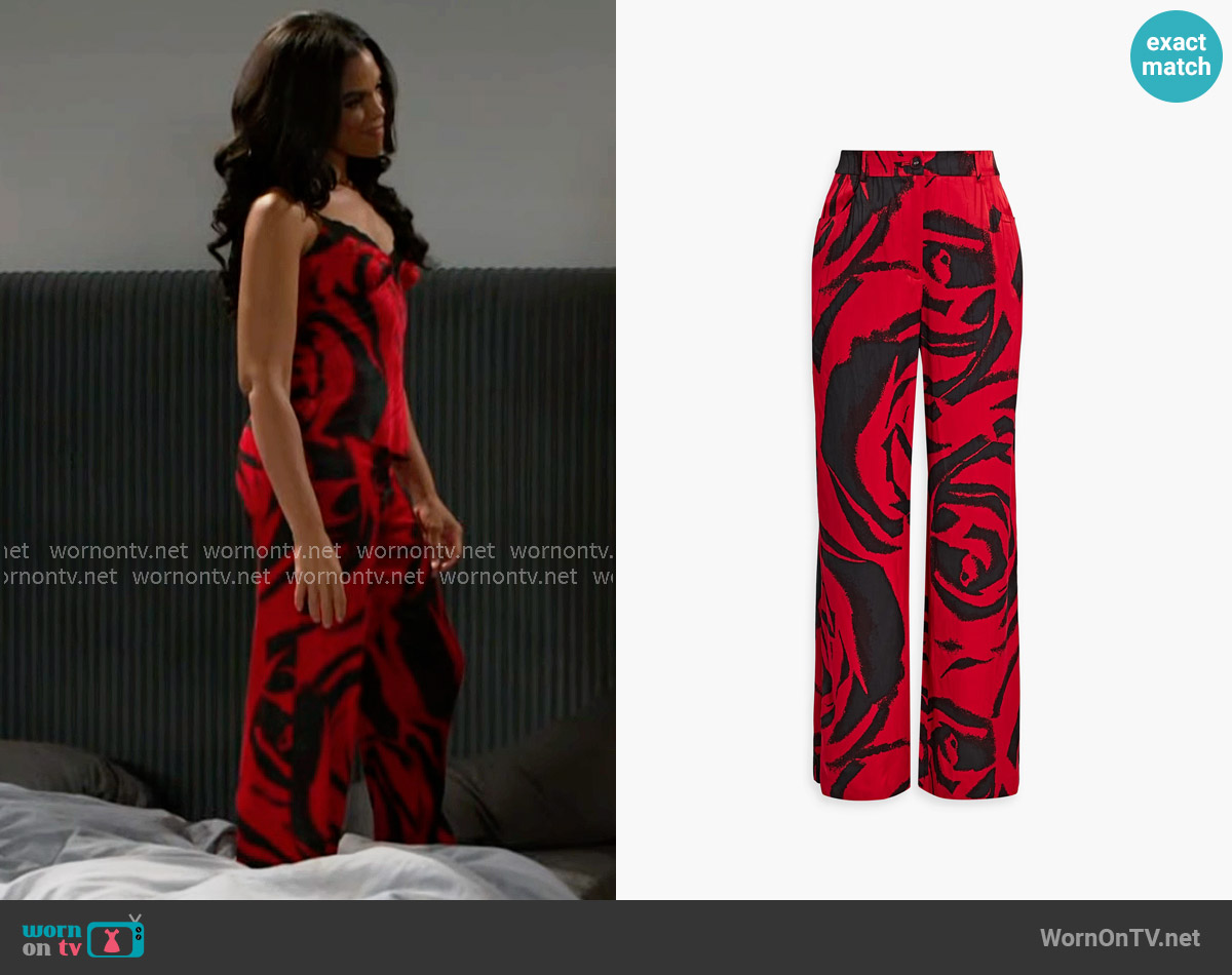 Diane von Furstenberg Adelaide printed satin-jacquard wide-leg pants worn by Dani Dupree (Karla Mosley) on Beyond the Gates