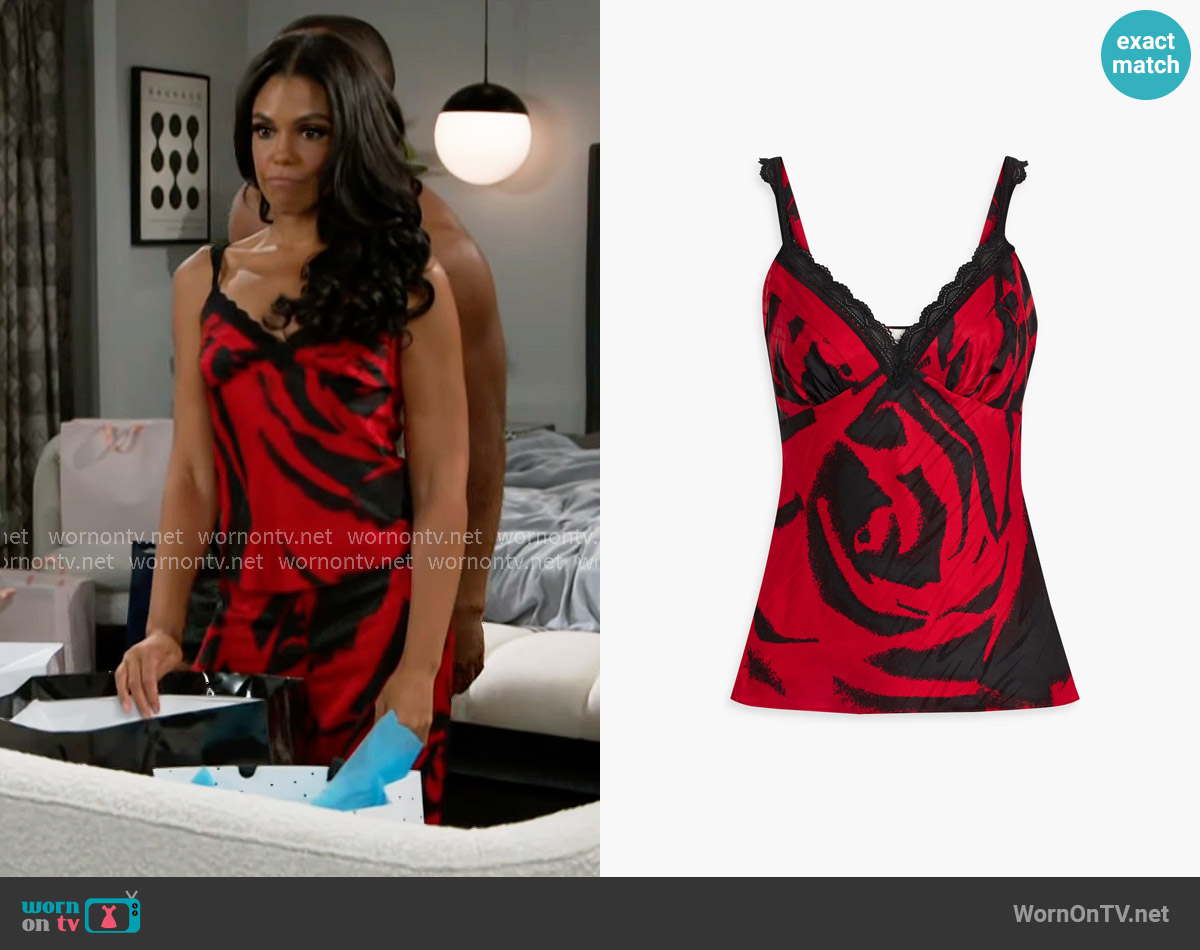 Diane von Furstenberg Circe lace-trimmed printed satin camisole worn by Dani Dupree (Karla Mosley) on Beyond the Gates