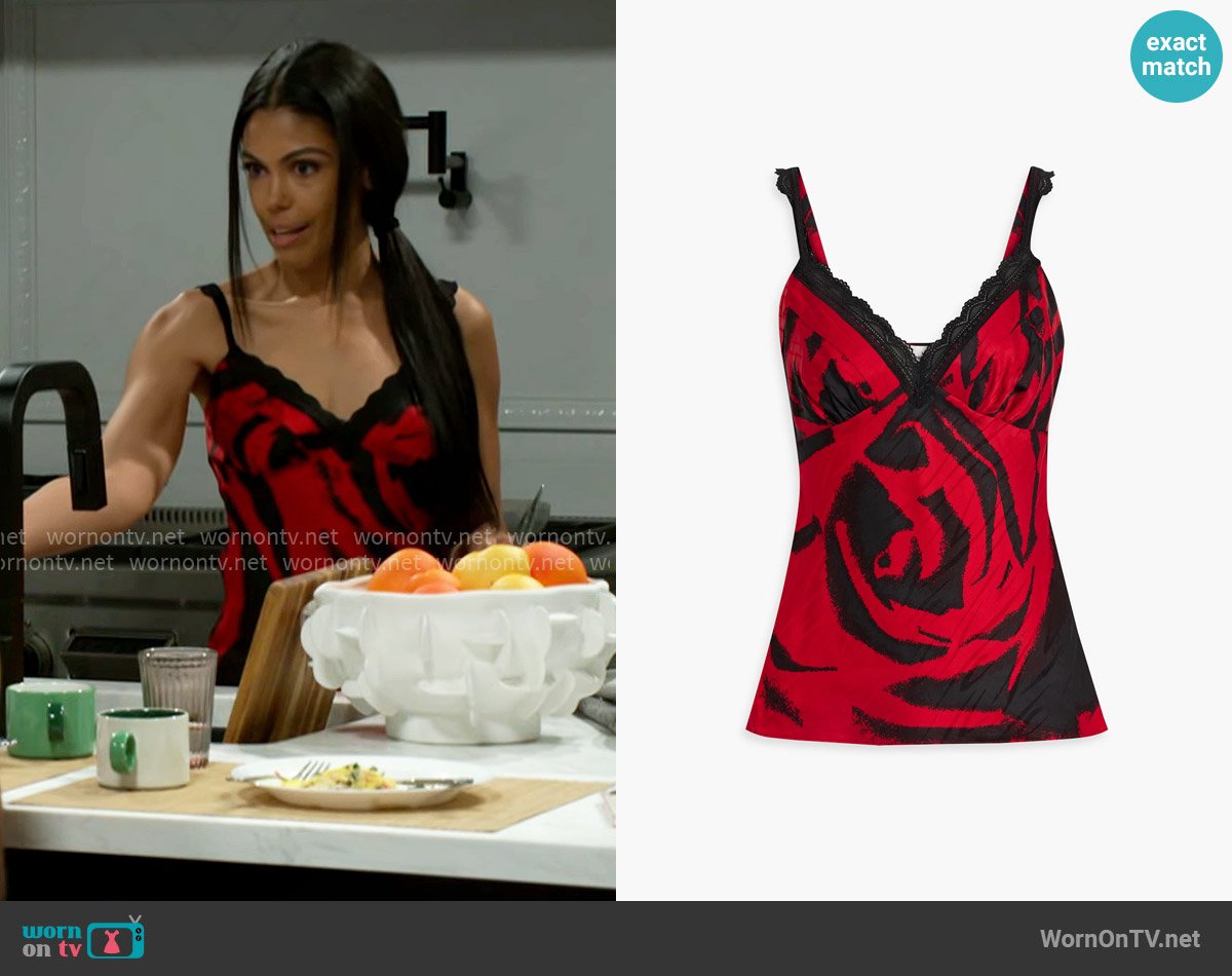 Diane von Furstenberg Circe lace-trimmed printed satin camisole worn by Dani Dupree (Karla Mosley) on Beyond the Gates
