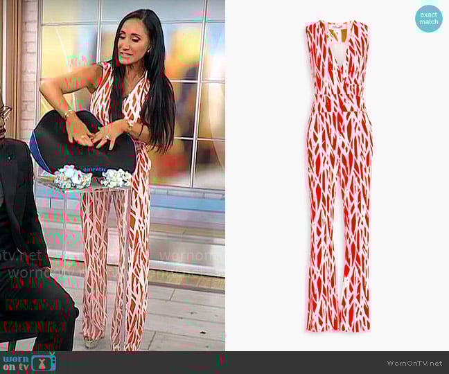 Diane von Furstenberg Terria wrap-effect printed jersey wide-leg jumpsuit worn by Elizabeth Werner on CBS Mornings