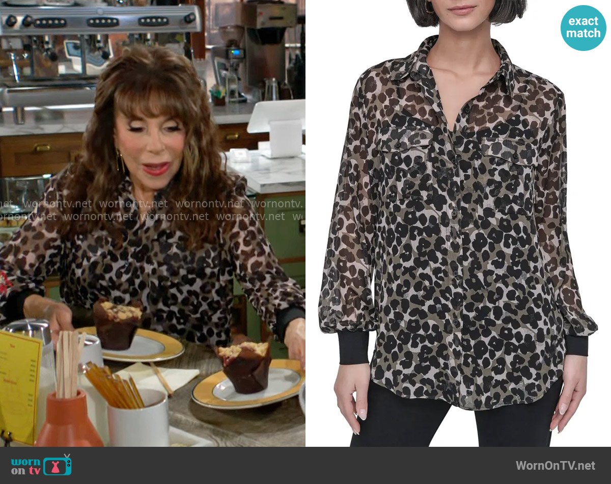 DKNY Print Chiffon Tunic Shirt in Spring Animal Utility Green worn by Esther Valentine (Kate Linder) on The Young and the Restless