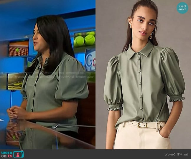 Dolan Puff-Sleeve Faux Leather Blouse worn by Valerie Castro on NBC News Daily