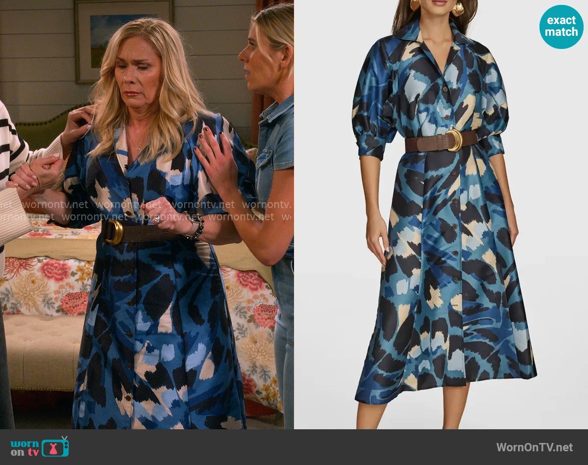 Donna Karan Belted Shantung Midi Shirtdress in Horizon Multi worn by Leanne Murphy (Leanne Morgan) on Leanne