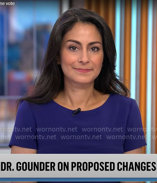 Dr. Celine Gounder's purple short sleeve dress on CBS Mornings