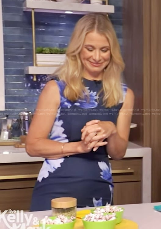 Dr Wendy Bazilian’s blue floral print sleeveless dress on Live with Kelly and Mark