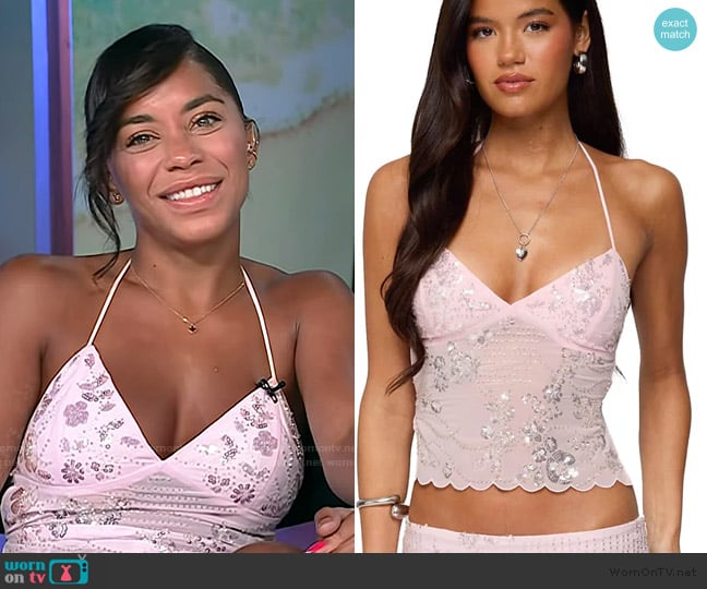 Edikted Nelley Backless Beaded Sequin Chiffon Top worn by Amaya Espinal on Today