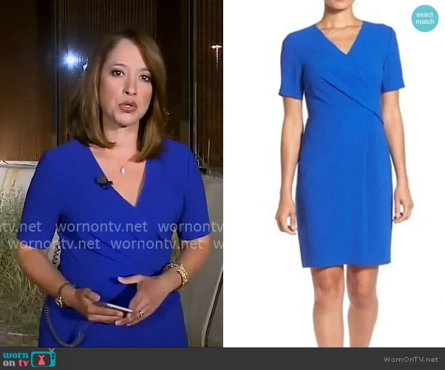 Elie Tahari Pleated Faux Wrap Sheath Dress worn by Mireya Villarreal on CBS Mornings