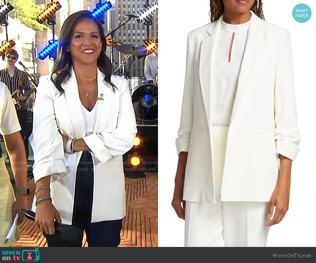 Elie Tahari Stella Ruched Open Front Blazer in White worn by Laura Jarrett on Today