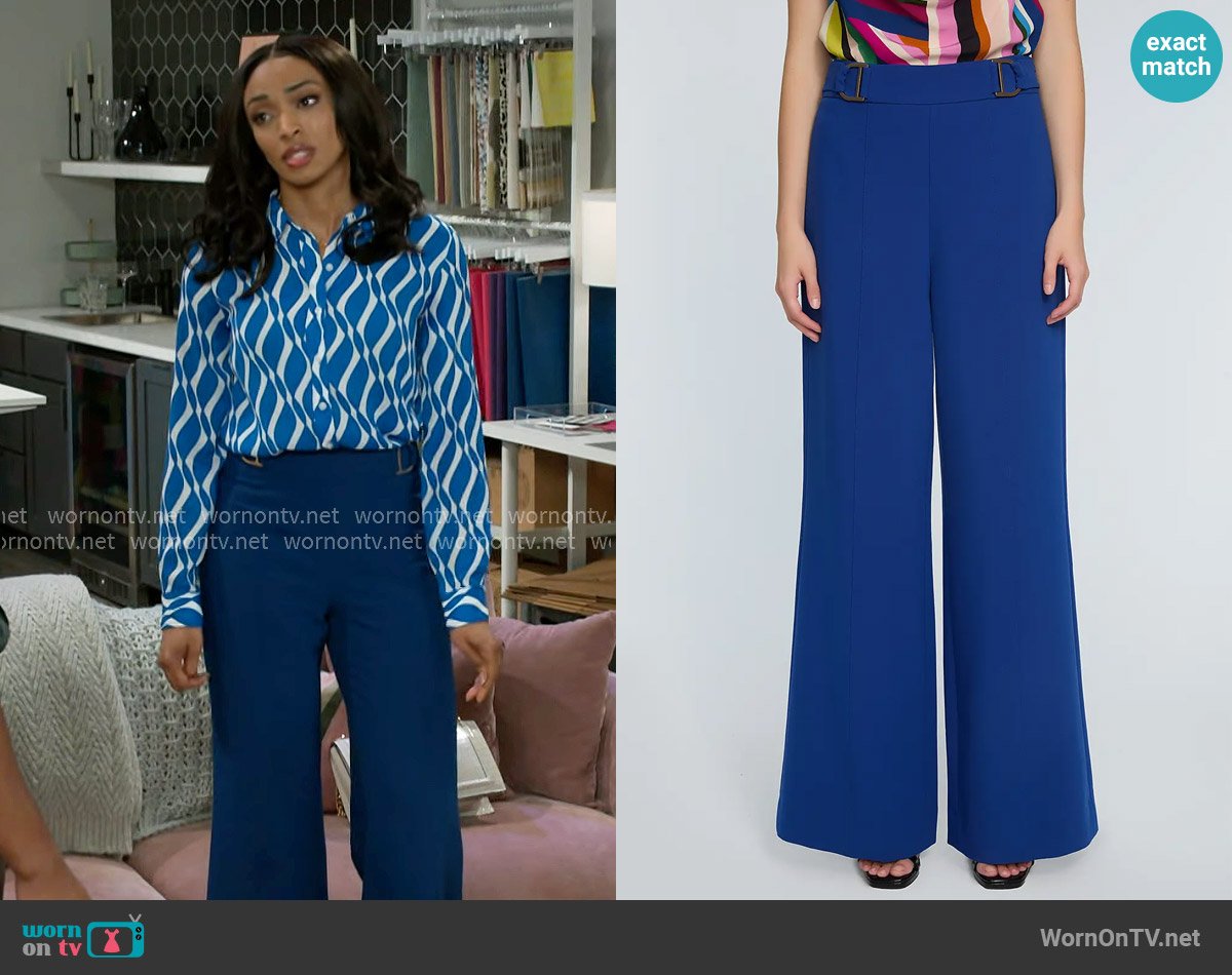 Elie Tahari The Inez Buckle Detail Wide Leg Pants in Daphne Blue worn by Madison Montgomery (Kenjah) on Beyond the Gates