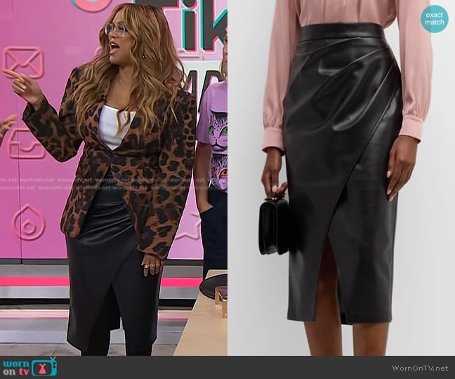 Elie Tahari The Rebecca Ruched Vegan Leather Midi Skirt worn by Tyra Banks on Today