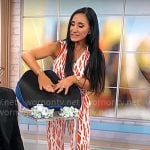Elizabeth Werner’s red printed jumpsuit on CBS Mornings