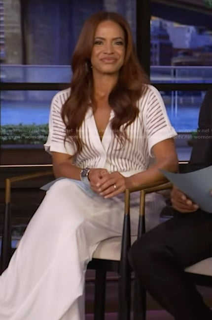 Elle Duncan's white sheer stripe jumpsuit on Live with Kelly and Mark