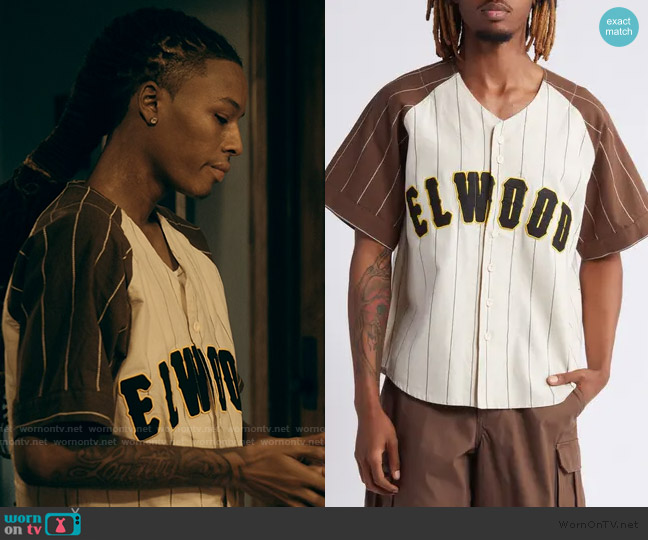 Elwood Logo Linen Blend Baseball Jersey worn by Jake (Michael Epps) on The Chi