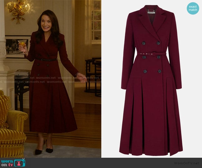 Emilia Wickstead Chaney Coat Dress in Burgundy worn by Charlotte York (Kristin Davis) on And Just Like That
