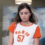 Emma’s PARIS t-shirt and denim skirt on General Hospital