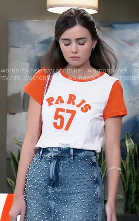 Emma's PARIS t-shirt and denim skirt on General Hospital