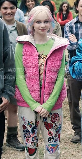 Enid's pink fluffy vest on Wednesday