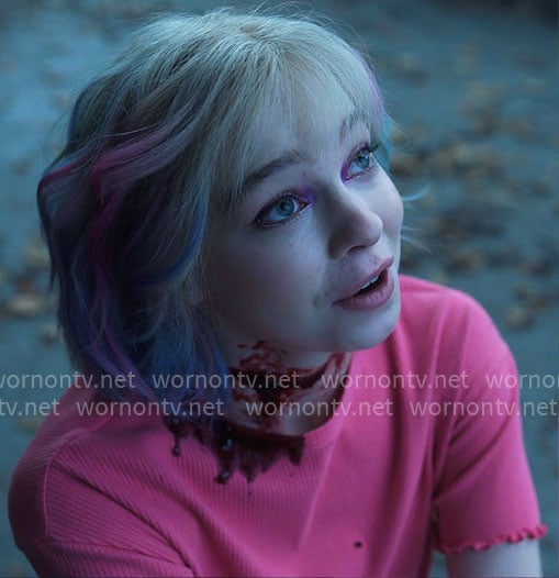 Enid's pink ribbed ruffle trim top on Wednesday