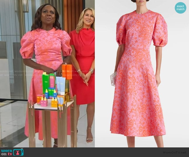 Erdem Puff Sleeve Matelasse Midi Dress worn by Deborah Roberts on Good Morning America
