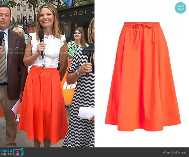 Essentiel Antwerp Drawstring Midi Skirt in Wild Strawberry worn by Savannah Guthrie on Today