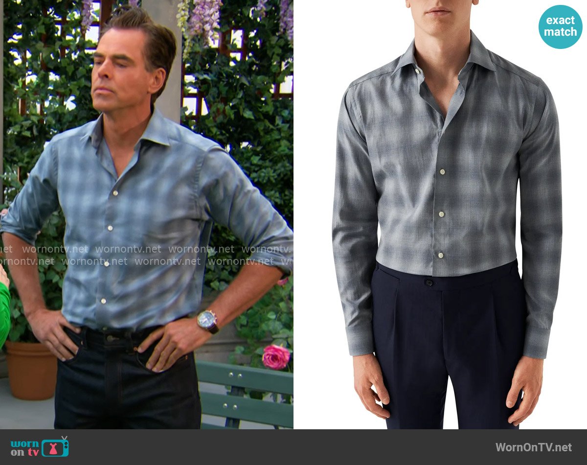 Eton Slim Fit Shadow Check Cotton Flannel Dress Shirt worn by Billy Abbott (Jason Thompson) on The Young and the Restless