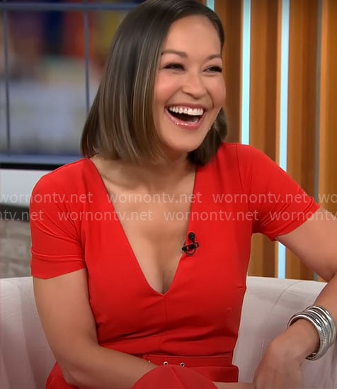 Eva Pilgrim’s red v-neck dress on CBS Mornings
