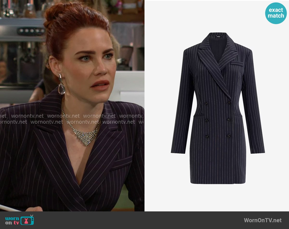 Express Pinstripe Double Breasted Long Sleeve Mini Blazer Dress worn by Sally Spectra (Courtney Hope) on The Young and the Restless